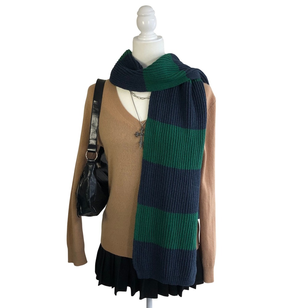 Gap Chunky Ribbed Knit Rugby Scarf Navy Green Block Stripe Preppy Dark Academia